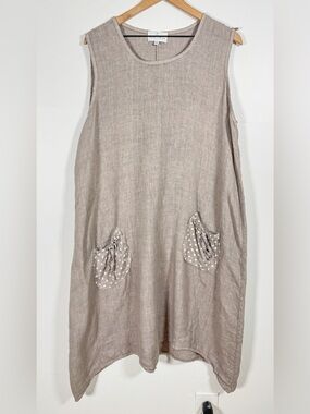 TEMPO PARIS BELLE FRANCE Lagenlook Taupe Linen Polka Dot Pocket Jumper Dress Sz